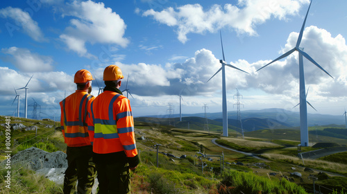 Two engineers in safety gear observing wind turbines in a lush green field under a cloudy sky.