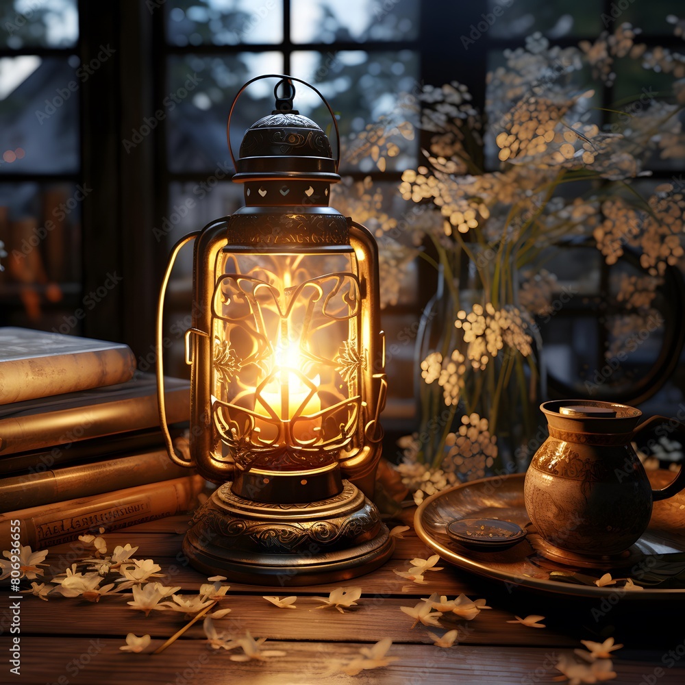 Lantern, books and flowers on the table in the room