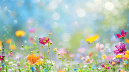 copy space, stockphoto, Colorful flower meadow with blue sky and bokeh lights in summer, nature background banner. Beautiful floral background, wallpaper. Design for invitation card, greeting card. Su