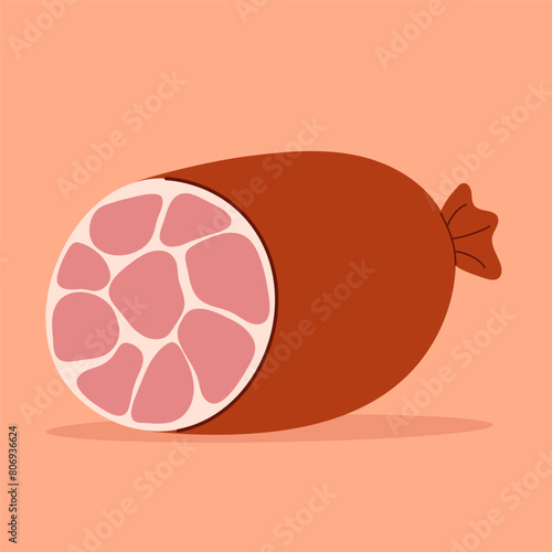 Meat product. Cut wurst roll. Meaty delicatessen. Flat hand drawn vector
