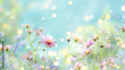 copy space, stockphoto, Colorful flower meadow with blue sky and bokeh lights in summer, nature background banner. Beautiful floral background, wallpaper. Design for invitation card, greeting card. Su