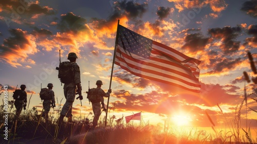 USA Army Soldiers with USA Flag at Sunset or Sunrise photo