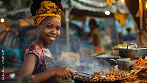 A woman elegantly cooks street food on a sizzling grill outdoors. Concept Food Photography, Street Food, Outdoor Cooking, Culinary Art, Creative Cuisine
