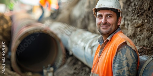 Isolated Sewer Builder Beside Pipeline in Construction Setting, Sewer Worker by Pipe, White Background