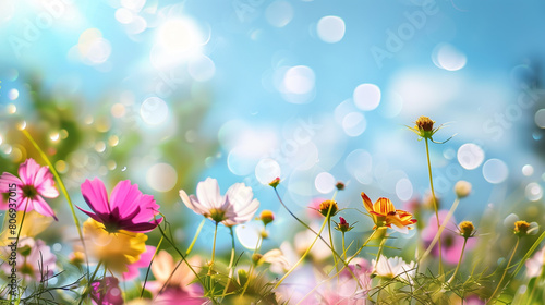 copy space  stockphoto  Colorful flower meadow with blue sky and bokeh lights in summer  nature background banner. Beautiful floral background  wallpaper. Design for invitation card  greeting card. Su
