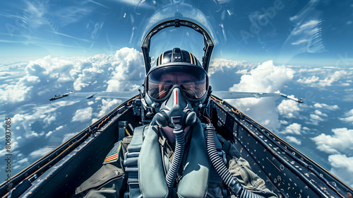 View from inside a fighter jet cockpit with a pilot in helmet and oxygen mask flying above clouds. photo
