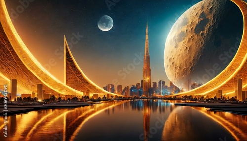 ２２００年、月が美しい、壮大な未来都市、デザイン photo