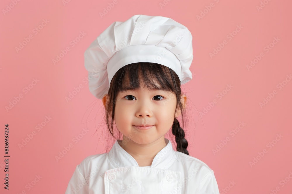 cute asian smiling child in chef’s uniform - hat and clothes - portait on plain background, culinary cooking studio concept with copy space cute asian smiling child in chef’s uniform - hat and clothes - portait on plain background, culinary cooking studio concept with copy space