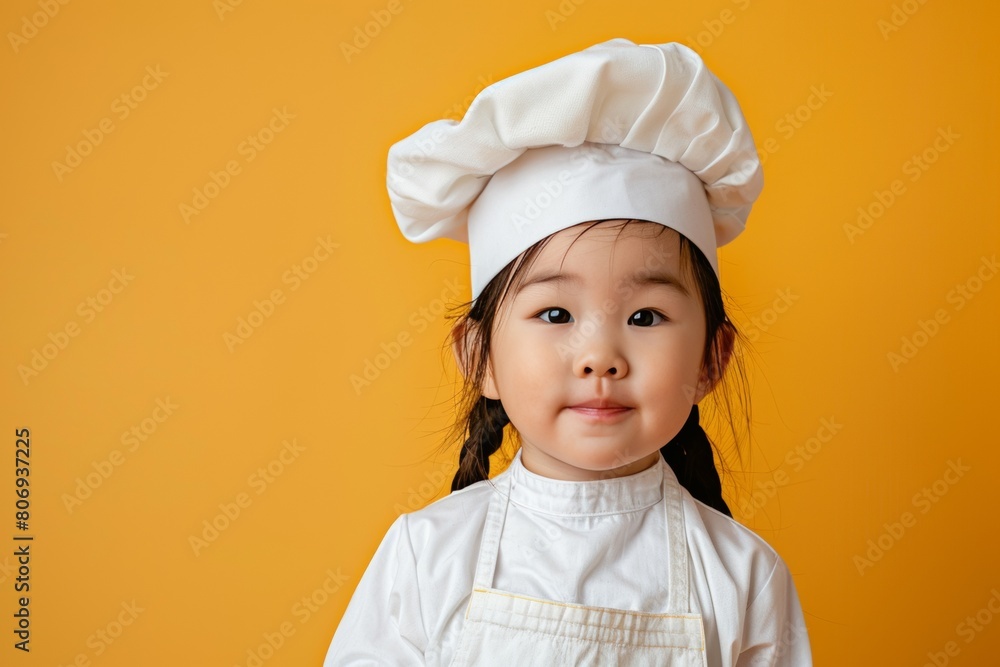 cute asian smiling child in chef’s uniform - hat and clothes - portait on plain background, culinary cooking studio concept with copy space cute asian smiling child in chef’s uniform - hat and clothes - portait on plain background, culinary cooking studio concept with copy space