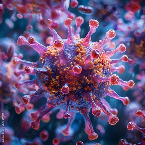 Highly Detailed Microscopic View of Coronavirus Molecular Structure in Vibrant Colors and
