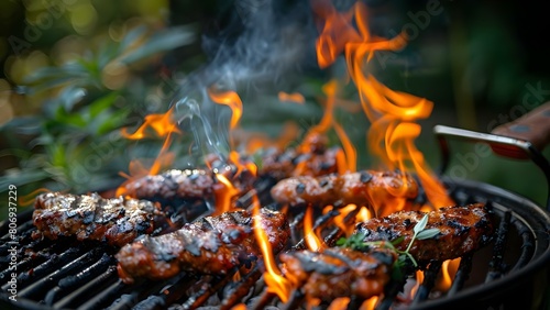 Capturing the Intense Flames of a Barbecue Grill as it Cooks Delicious Food. Concept Outdoor Cooking, BBQ Grill, Intense Flames, Delicious Food, Food Photography