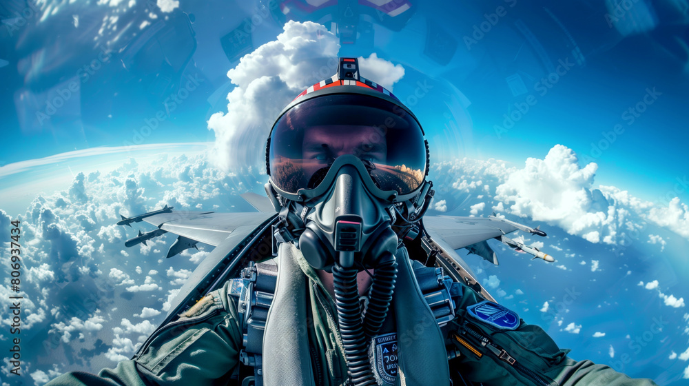 Dynamic view of a fighter pilot in cockpit wearing helmet and oxygen mask, above clouds. Dynamic view of a fighter pilot in cockpit wearing helmet and oxygen mask, above clouds.