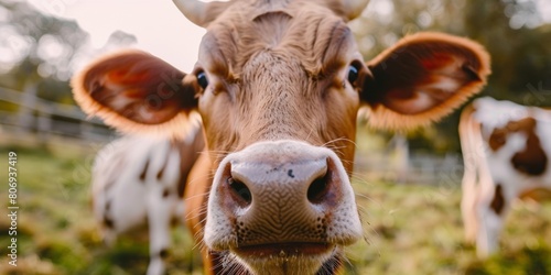 close up frontal portrait of a cow staring at camera  calf snout closeup in green farm field surroundings  copy space