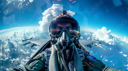 Dynamic view of a fighter pilot in cockpit wearing helmet and oxygen mask, above clouds. photo