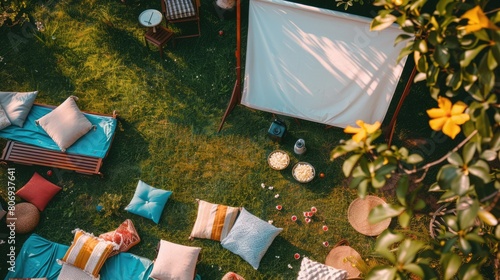 A picnic blanket is spread out on a vibrant green lawn surrounded by tall trees  shrubs  and colorful flowers  creating a picturesque tableau for a relaxing outdoor event AIG50