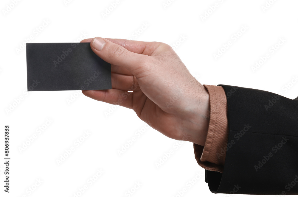 Man holding blank business card on white background, closeup Man holding blank business card on white background, closeup