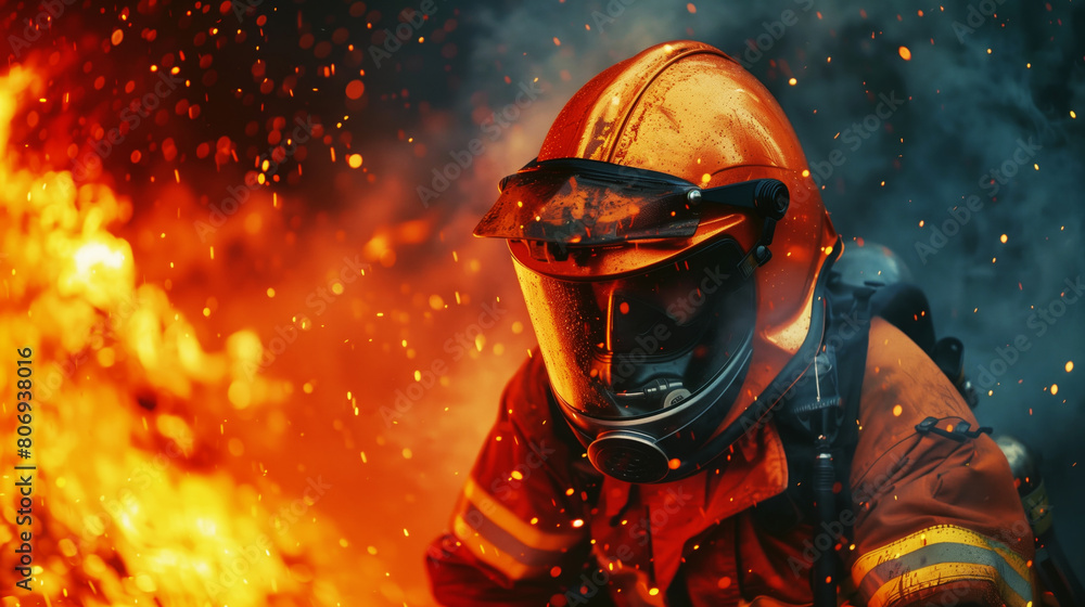 Intense image of a firefighter in protective gear amidst fierce flames and floating embers. Intense image of a firefighter in protective gear amidst fierce flames and floating embers.