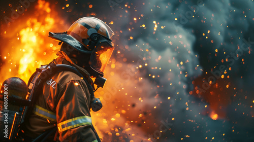 Dramatic image of a firefighter in protective gear against a backdrop of intense flames and sparks.