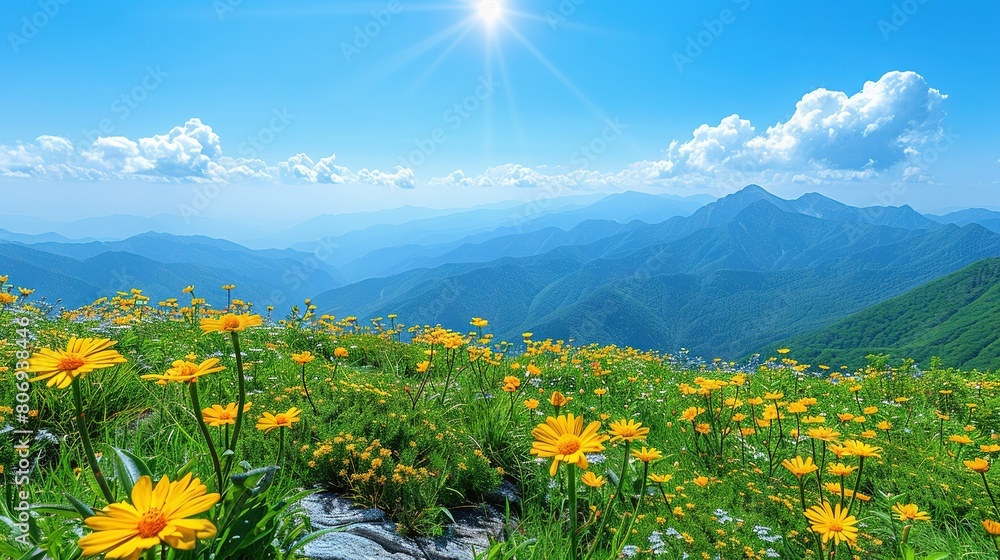   A mountain meadow bursting with vibrant wildflowers beneath a cloudless blue sky and illuminated by golden rays