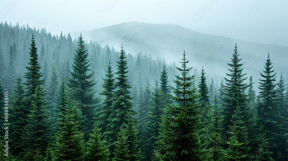 A dense forest, blanketed by dense fog and enveloped in smoky haze A dense forest, blanketed by dense fog and enveloped in smoky haze