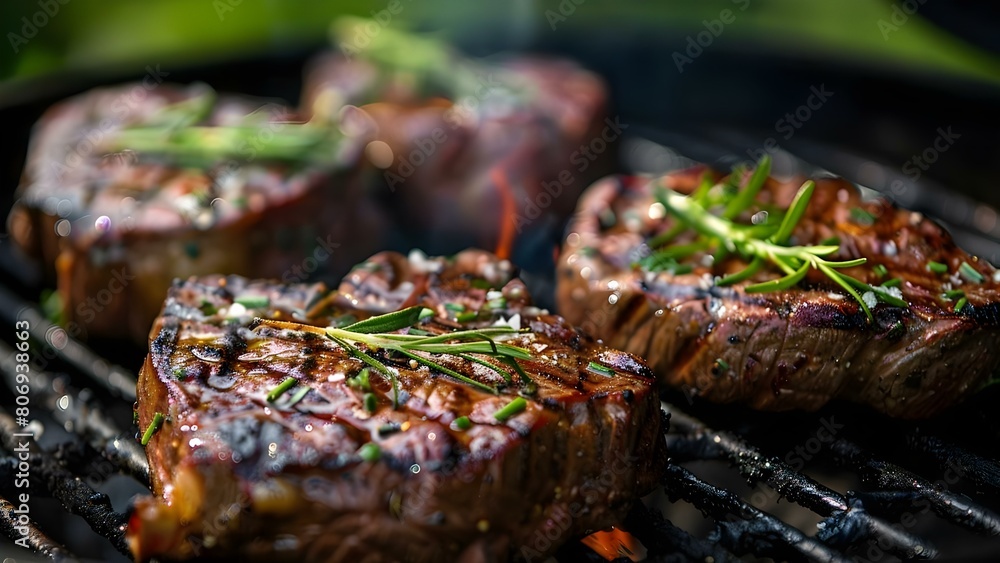 Focus on grilled beef steaks on BBQ grill at outdoor party. Concept Grilled Beef Steaks, BBQ Grill, Outdoor Party, Food Photography, Summertime Gathering