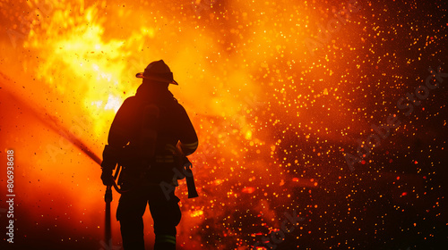 A firefighter in silhouette battles a massive blaze, spraying water towards fiery explosions.