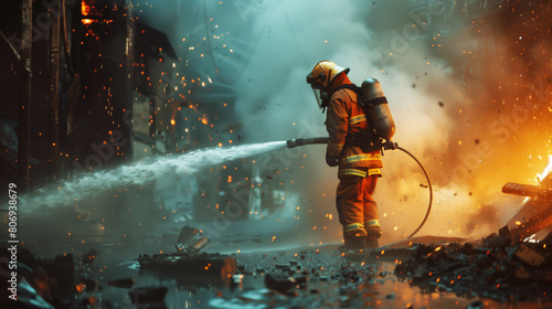 A firefighter in protective gear directing a hose at a fiery scene surrounded by debris.