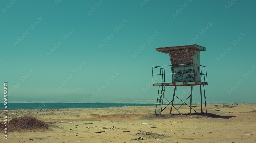 Deserted lifeguard tower on an empty beach with a blue sky and ocean in the background.