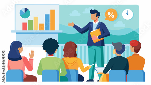 A guidance counselor gives a presentation to a room full of parents and students about creating a budget for college expenses and how to stick to it.. Vector illustration