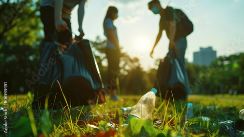 People participate in a park cleanup, gathering litter into bags during a sunny day, promoting environmental care.