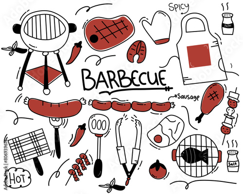 Barbecue grill hand-drawn outline doodle Set. BBQ Vector Illustration Barbecue party Sketch. Barbeque tools charcoal firewood and products hand drawing red black and white 