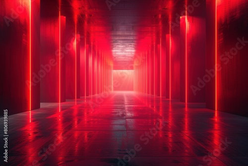 Red Horizon: A minimalist scene bathed in red light with laser beams creating a dynamic interplay of light and shadow in a long exposure photo photo