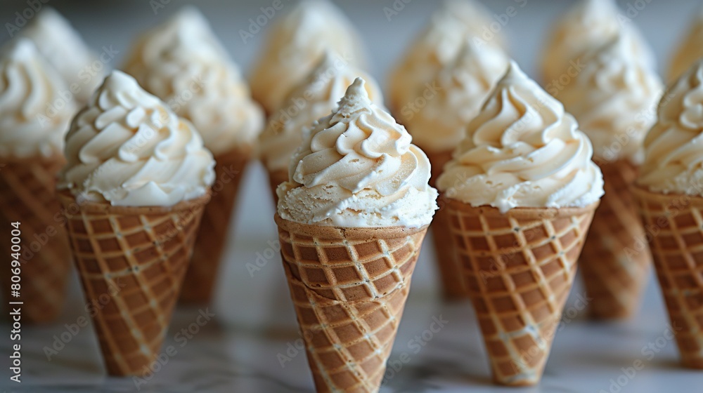 A cluster of ice cream cones perched atop a white counter surface beside one another A cluster of ice cream cones perched atop a white counter surface beside one another