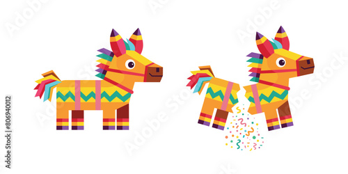 Cute colorful cartoon Pinata. Broken with confetti and candy. Birthday celebration vector illustration set.
