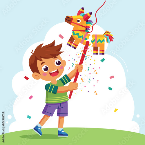 Boy celebrating Posada by breaking a traditional donkey shaped Pinata. Flat vector cartoon illustration isolated on white background.