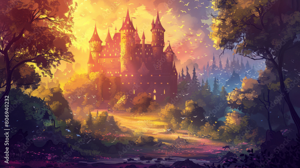 Whimsical anime-style castle in enchanted forest setting, vibrant colors.