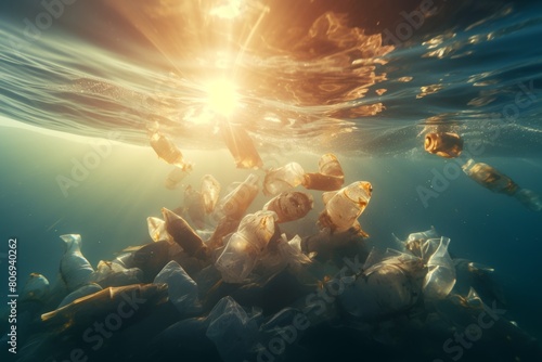 The sunlight reveals a heartbreaking scene of plastic waste and debris floating just beneath the oceans surface, emphasizing the critical need for environmental conservation to safeguard marine life.. photo