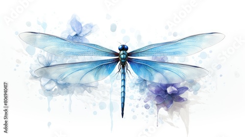 Cerulean Dragonfly watercolor illustration - Generative AI. Blue, dragonfly, wings, flowers.