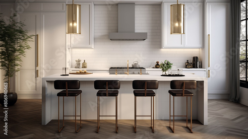 A timeless modern kitchen adorned with sleek white tiles exudes elegance and sophistication in stunning HD clarity