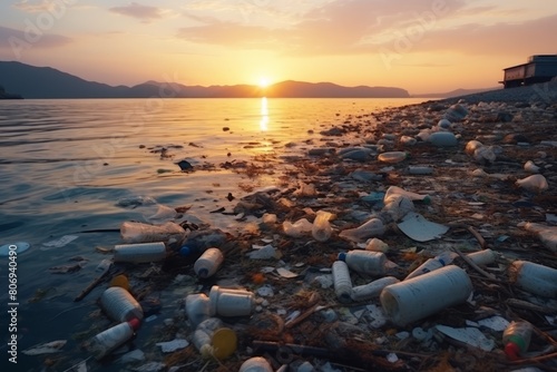 Discarded plastic bottles, bags, and various other trash items pollute a beautiful beach environment at sunset, showcasing the detrimental impact of human waste on marine ecosystems.