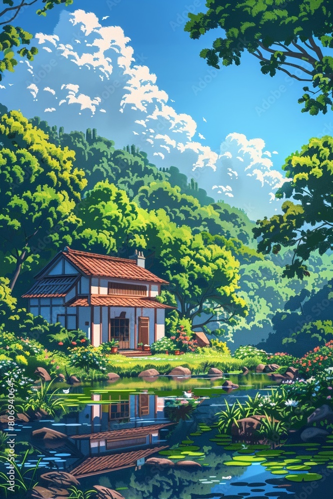 Pixel art rendition of a serene countryside scene with a house, pond, and lush greenery under a blue sky