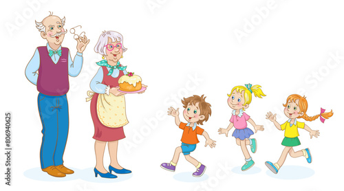 Cheerful children run to visit their grandparents. Grandmother with a pie in her hands.  Isolated on white background. Vector illustration. © Shvetsova Yulia