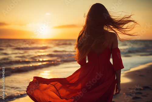 AI generated image of beautiful woman wearing long fluttering dress walking evening sunset