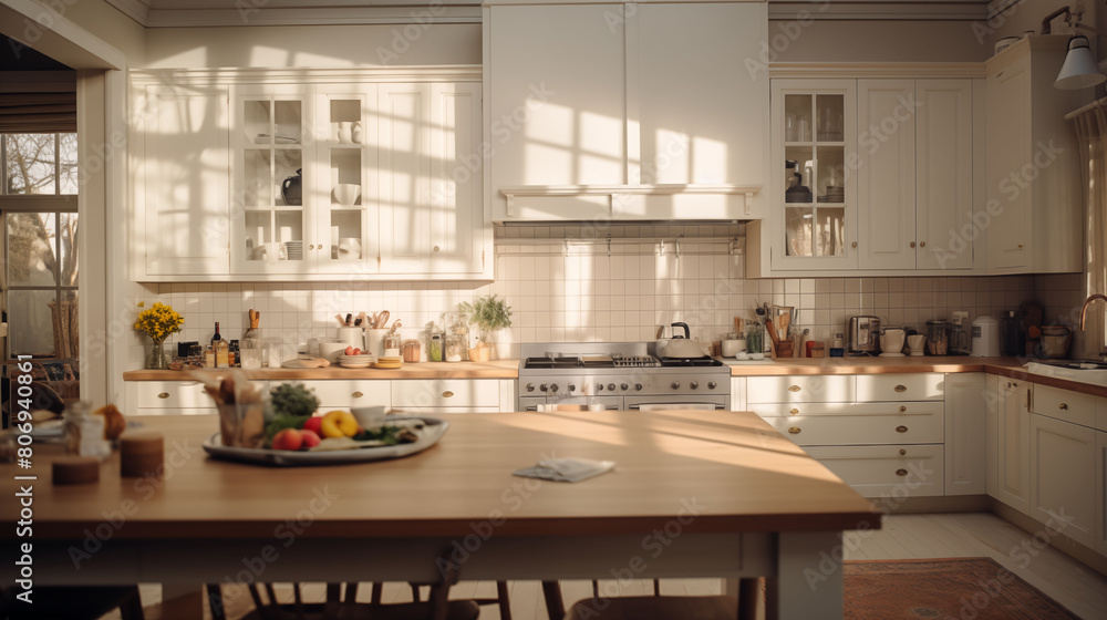 Fototapeta premium In a beautifully designed kitchen, white tiles create a sense of timeless charm, captured flawlessly by an HD camera