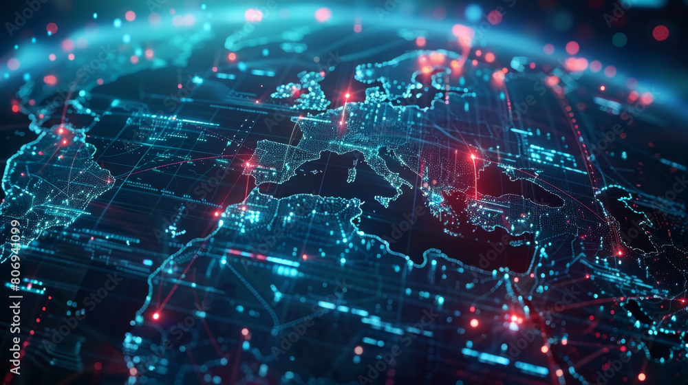Digital globe displaying global network activity and data exchanges between different countries. Digital globe displaying global network activity and data exchanges between different countries.