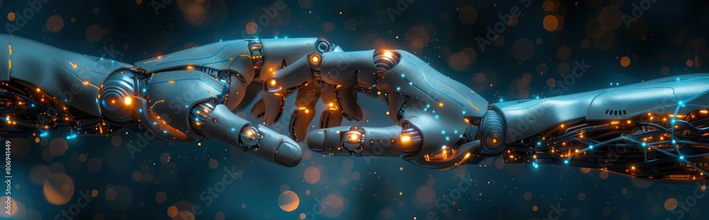 A human hand and robot's hands holding each other A human hand and robot's hands holding each other