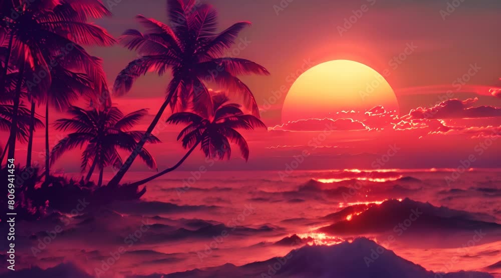 a sunset over the ocean with palm trees and waves a sunset over the ocean with palm trees and waves