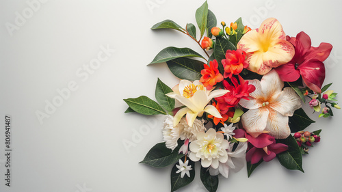 Exquisite floral arrangement featuring a variety of colorful tropical flowers and lush green leaves on a clean white background.