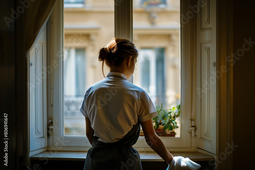 a housekeeper cleaning house near window