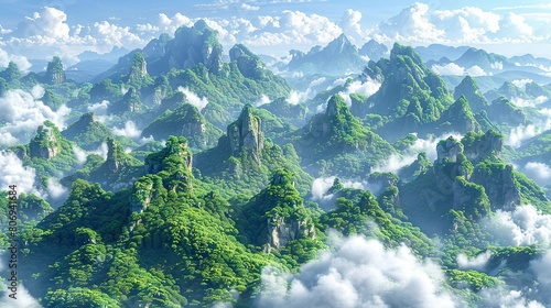   An aerial view of a mountain range surrounded by clouds and greenery in the foreground is a blue sky with puffy white clouds © Anna
